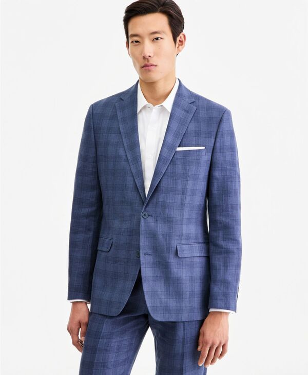 バースリー メンズ アウター ジャケット・ブルゾン リネン Bar III MenslimFit Plaid LinenBlend Suit Separates Jacket Macys Exclusive Blue Plaid ブルー