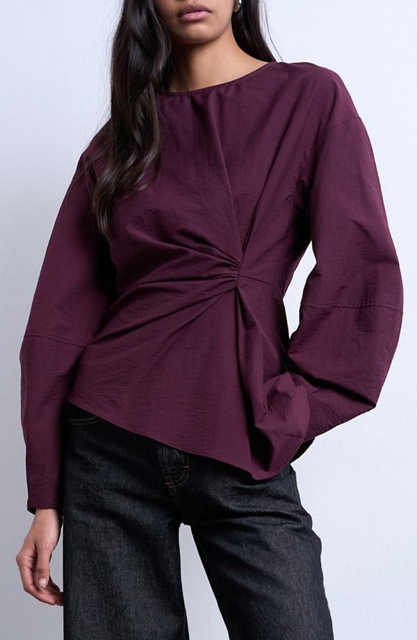 トップショップ レディース トップス シャツ アシンメトリー Topshop Asymmetric Pleat Long Sleeve Top Burgundy バーガンディ