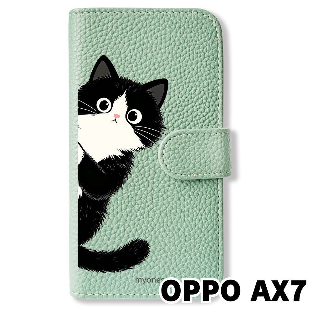 あほねこ 新品未使用】 OPPO AX7 手帳型スマホ ケース カバー (色：ブルーグレー