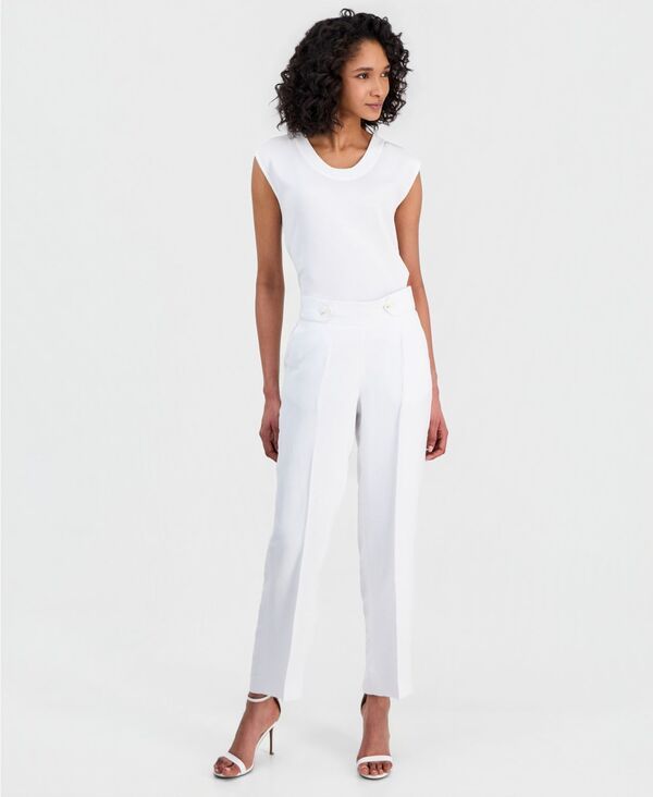【送料無料】 アンクライン レディース カジュアルパンツ ボトムス Womens LinenBlend TabWaist PullOn Trousers Regular Petite Crisp White