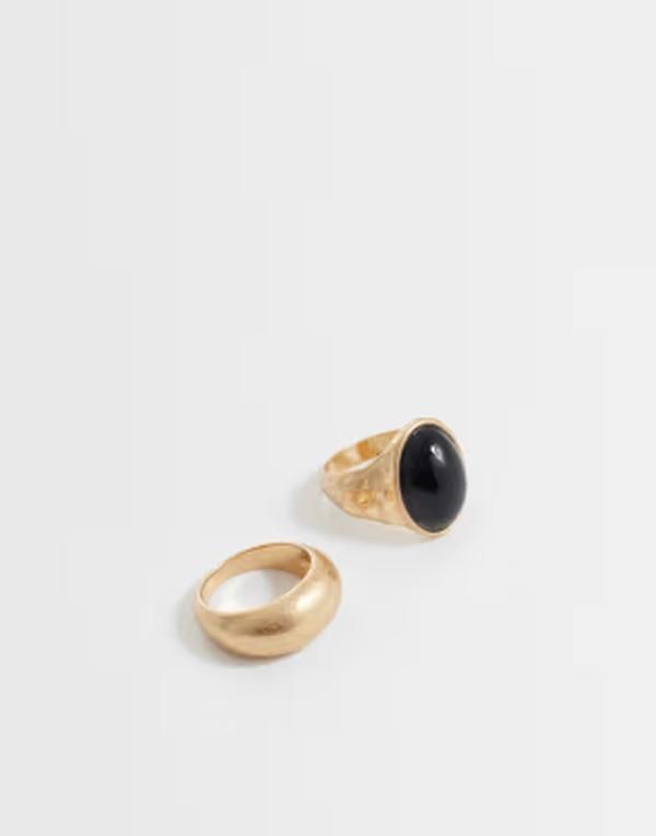 エイソス レディース アクセサリー リング ASOS DESIGN pack of 2 chunky rings with black resin stone in brushed Gold ゴールド