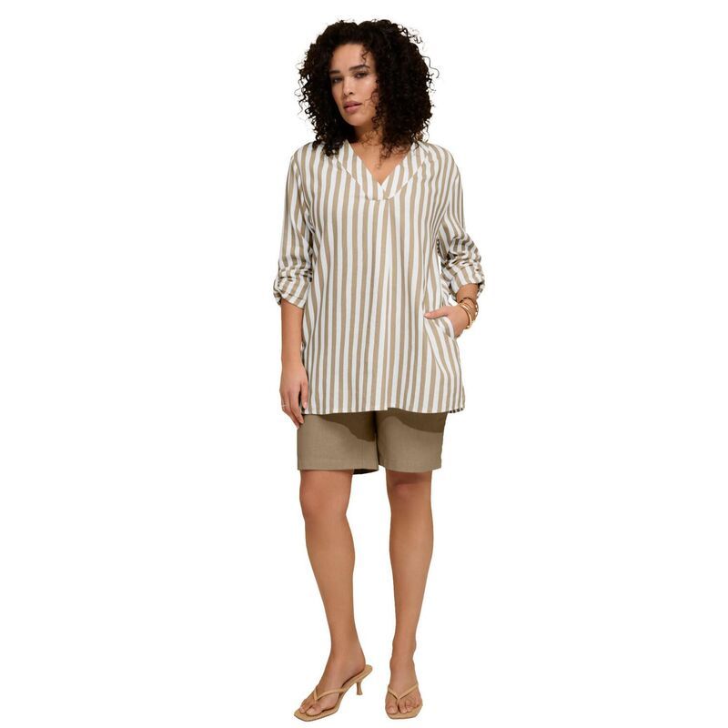 ロアマンズ レディース トップス Tシャツ プラスサイズ リネン Roamans Womens Plusize LinenBlend YNeck RollTab Sleeve Tunic Sandy Beige Bold ベージュ