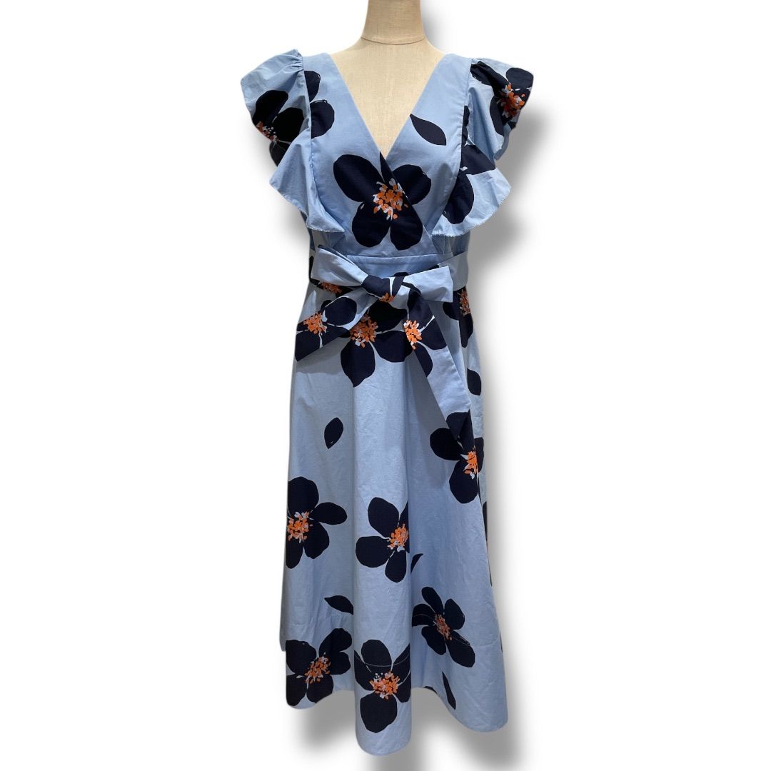 kate spade NEW YORK ケイトスペード ニューヨーク グランドフローラポブリンミディドレス ワンピース 花柄 フリル コットン 綿 デコルテ ライトブルー サイズ4 Mサイズ レディース 夏 ゴーゴー古着セントラルパーク名古屋店No.2123