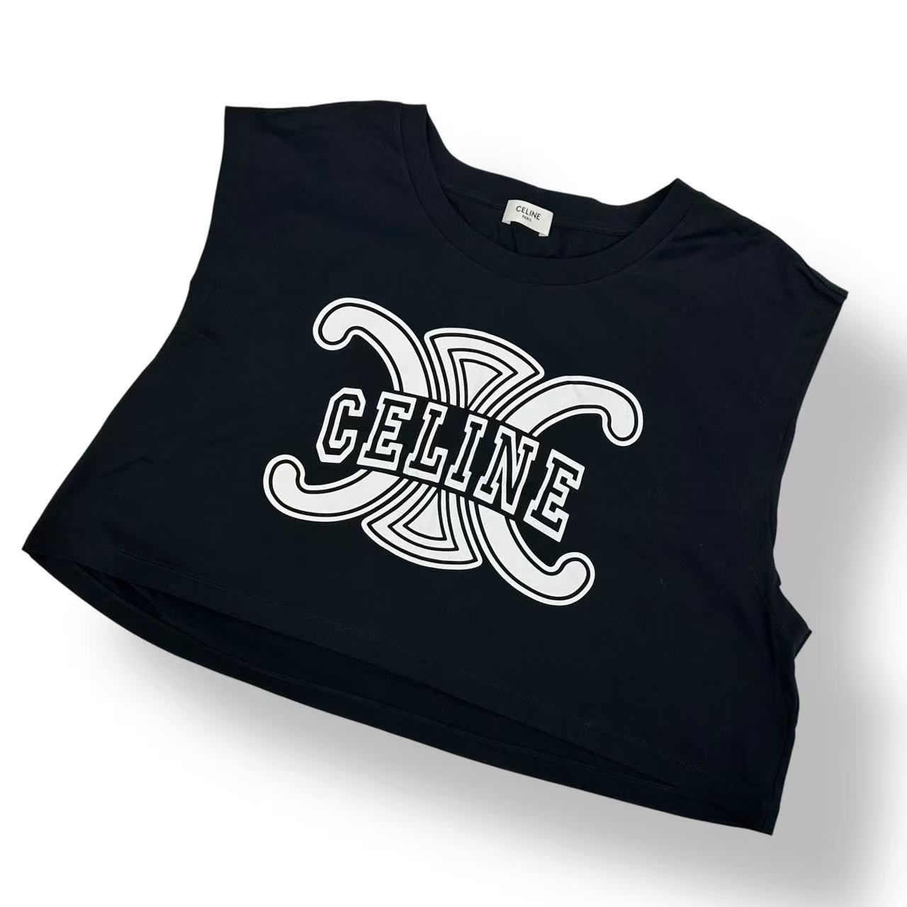 新品同様 CELINE セリーヌ クロップド Tシャツ プリント ノースリーブ カットソー ロゴ ブラック