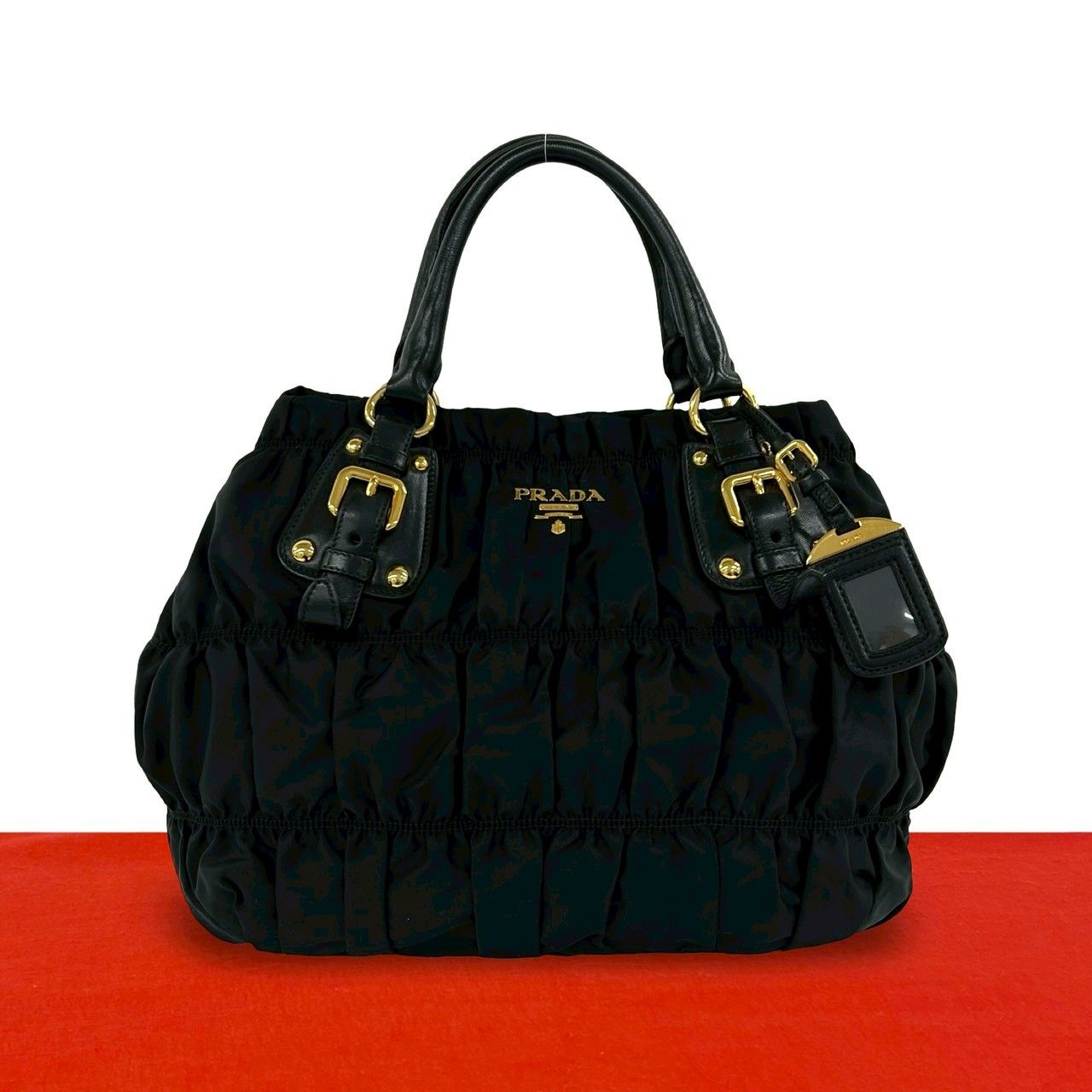 極 美品 希少品 PRADA プラダ ロゴ 金具 ギャザー テスート ナイロン