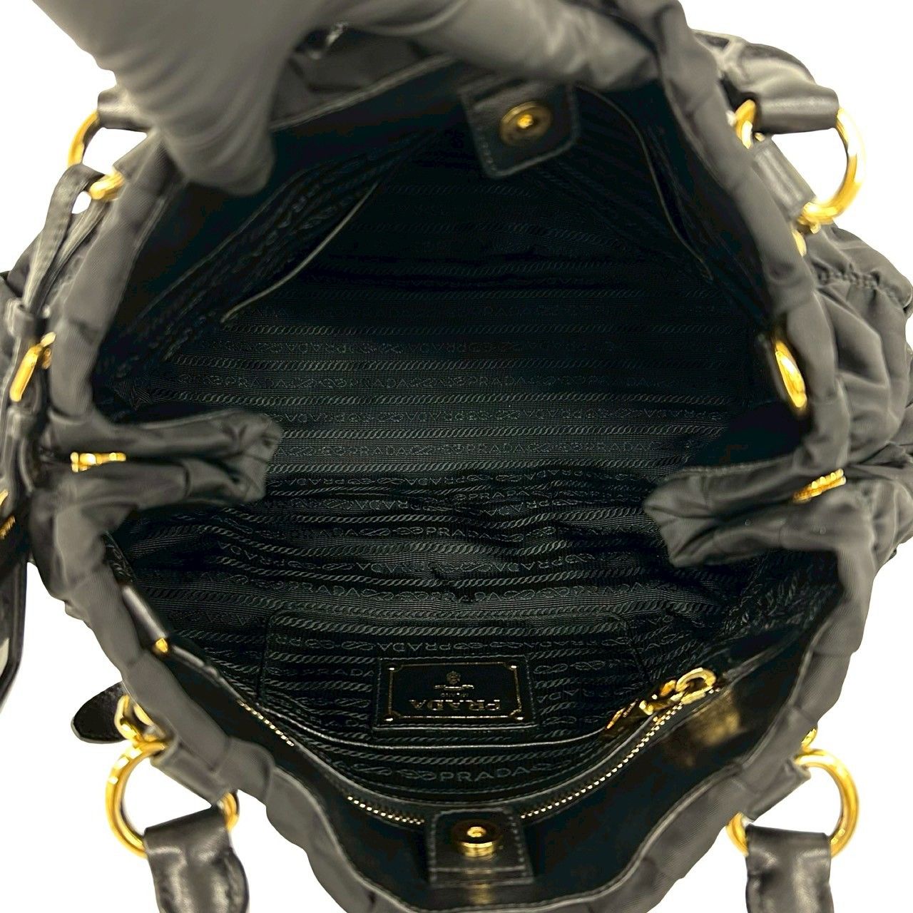 極 美品 希少品 PRADA プラダ ロゴ 金具 ギャザー テスート ナイロン 
