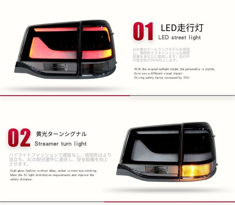 トヨタ ランドクルーザー Land Cruiser 2016-2020用 LEDテールランプ左右セット スモークブラック テールライト総成 LEDポジション LEDブレーキ アンバーウインカー 高輝度バックランプ プラグ接続 交換装着 リアビューを引き締める