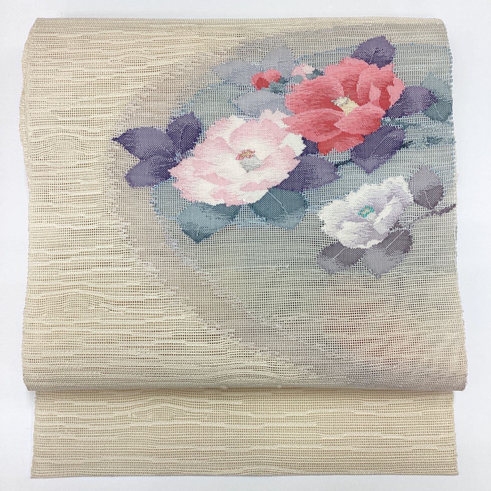 中古品 夏帯 8寸名古屋帯 芯なし クリーム色 正絹 R829