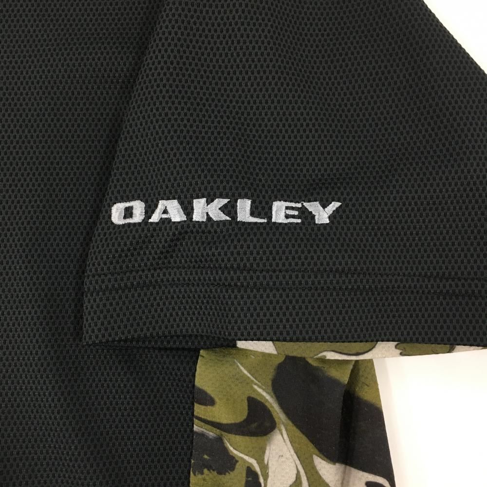 【オークリー】ゴルフ 迷彩 カモフラ 半袖 ワンピース 総柄 M カーキ×黒 美品】オークリー 半袖ハイネックシャツ 黒×カーキ サイド総柄 地模様