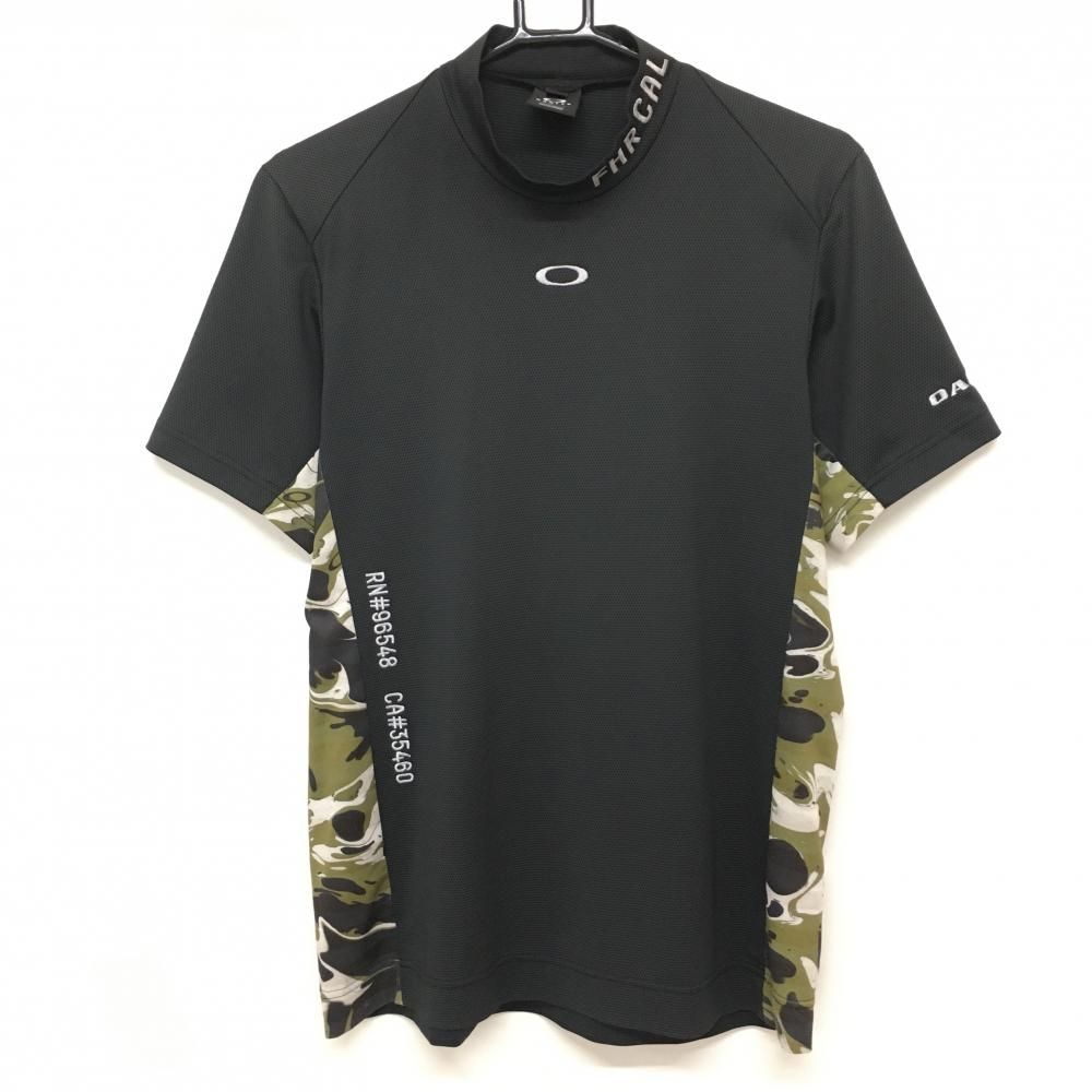 美品】オークリー 半袖ハイネックシャツ 黒×カーキ サイド総柄 地模様