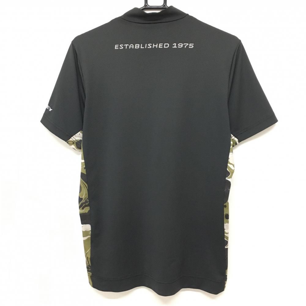 美品】オークリー 半袖ハイネックシャツ 黒×カーキ サイド総柄 地模様