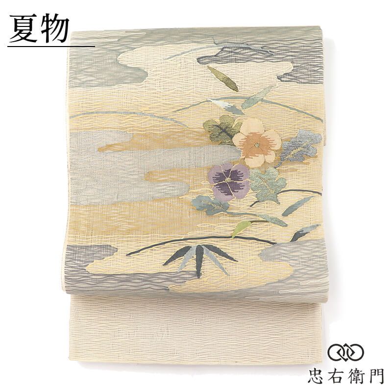 夏帯 夏袋帯 袋帯 フォーマル 正絹 お太鼓柄 灰ベージュ 花柄 笹 上品