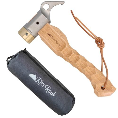 RiveRock(リバロック) ショートペグハンマー ステンレススチール 名栗加工ハンドル 小型 帆布バック コンパクト 真鍮ヘッド 収納袋