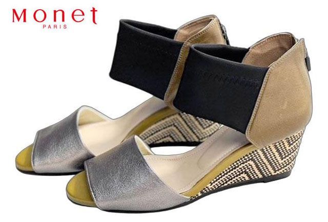 モネ Monet 212400 アンクルストレッチサンダル ストラップサンダル ウエッジサンダル レディースサンダル 3E 日本製 バックファスナー ウエッジソール レザー 天然皮革 ストレッチ素材 履きやすい 歩きやすい 婦人 靴 カーキ