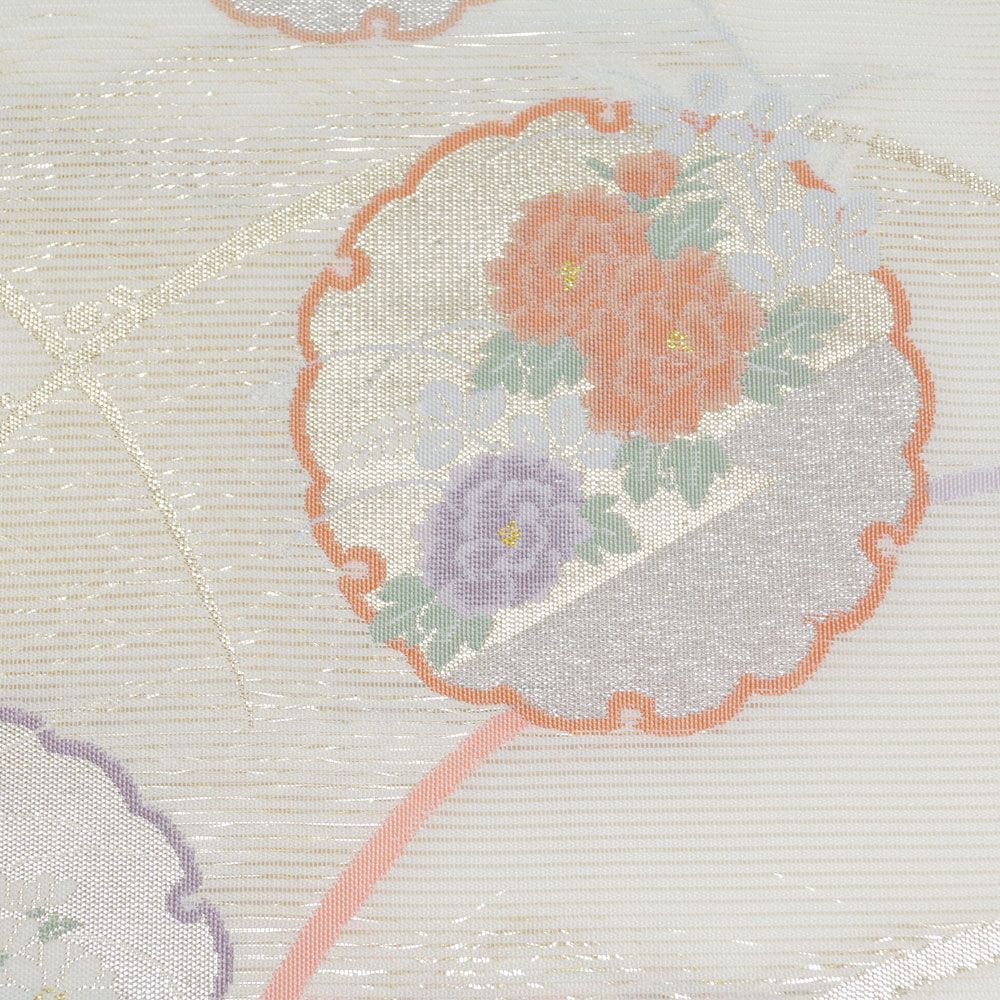 袋帯 未使用品 夏物 絽 雪輪に春秋、露芝模様 金銀糸 乳白色系 帯 正絹