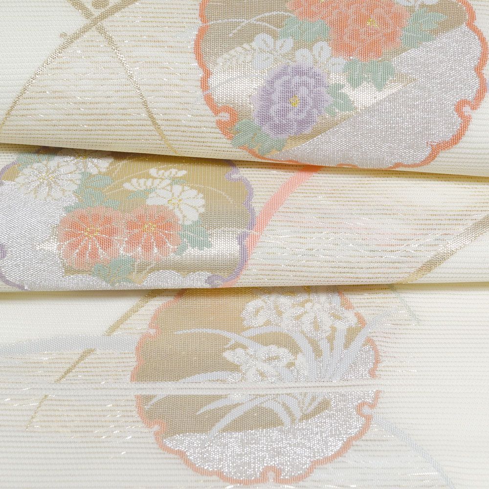 袋帯 未使用品 夏物 絽 雪輪に春秋、露芝模様 金銀糸 乳白色系 帯 正絹