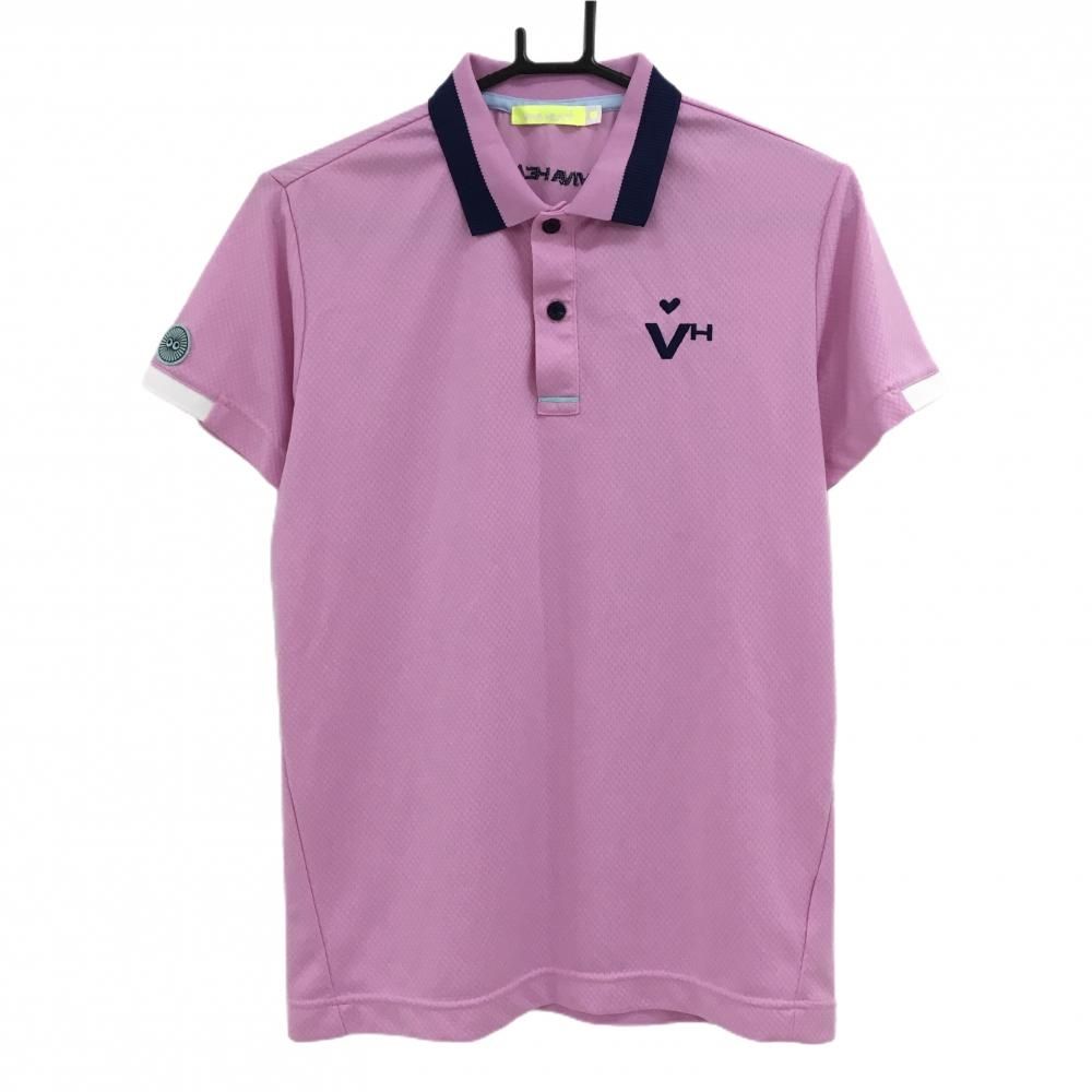 【超美品】ビバハート 半袖ポロシャツ ライトピンク 地模様 ロゴネイビー メンズ 48(M) ゴルフウェア VIVA HEART