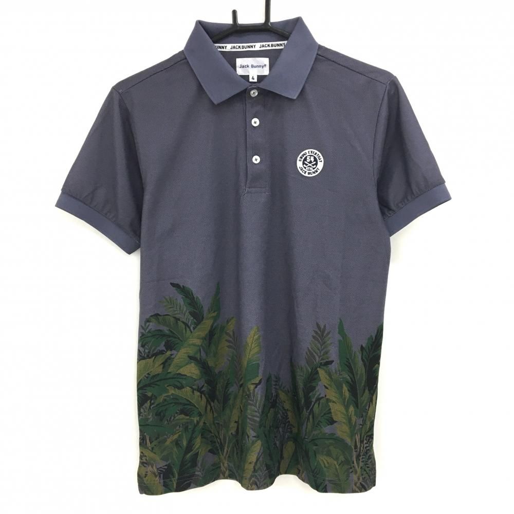 【超美品】ジャックバニー 半袖ポロシャツ グレー×グリーン 裾リーフ柄 ワッペン メンズ 4(M) ゴルフウェア Jack Bunny