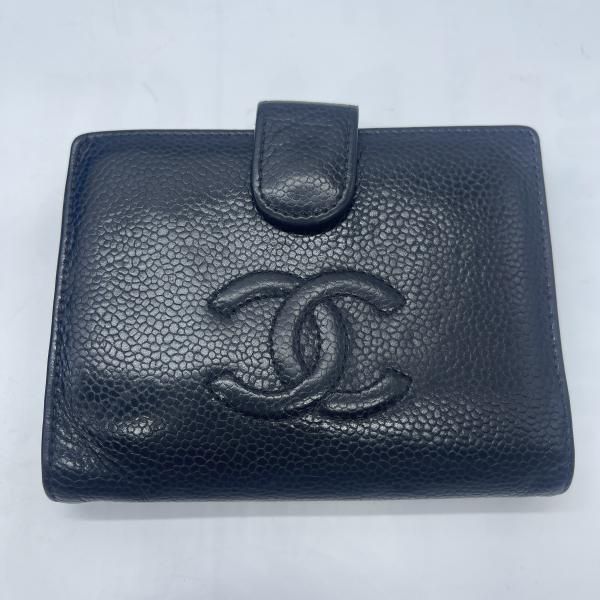 【中古】CHANEL ヴィンテージ キャビアスキン 二つ折り財布 ブラック シリアル7110326 シャネル[19]