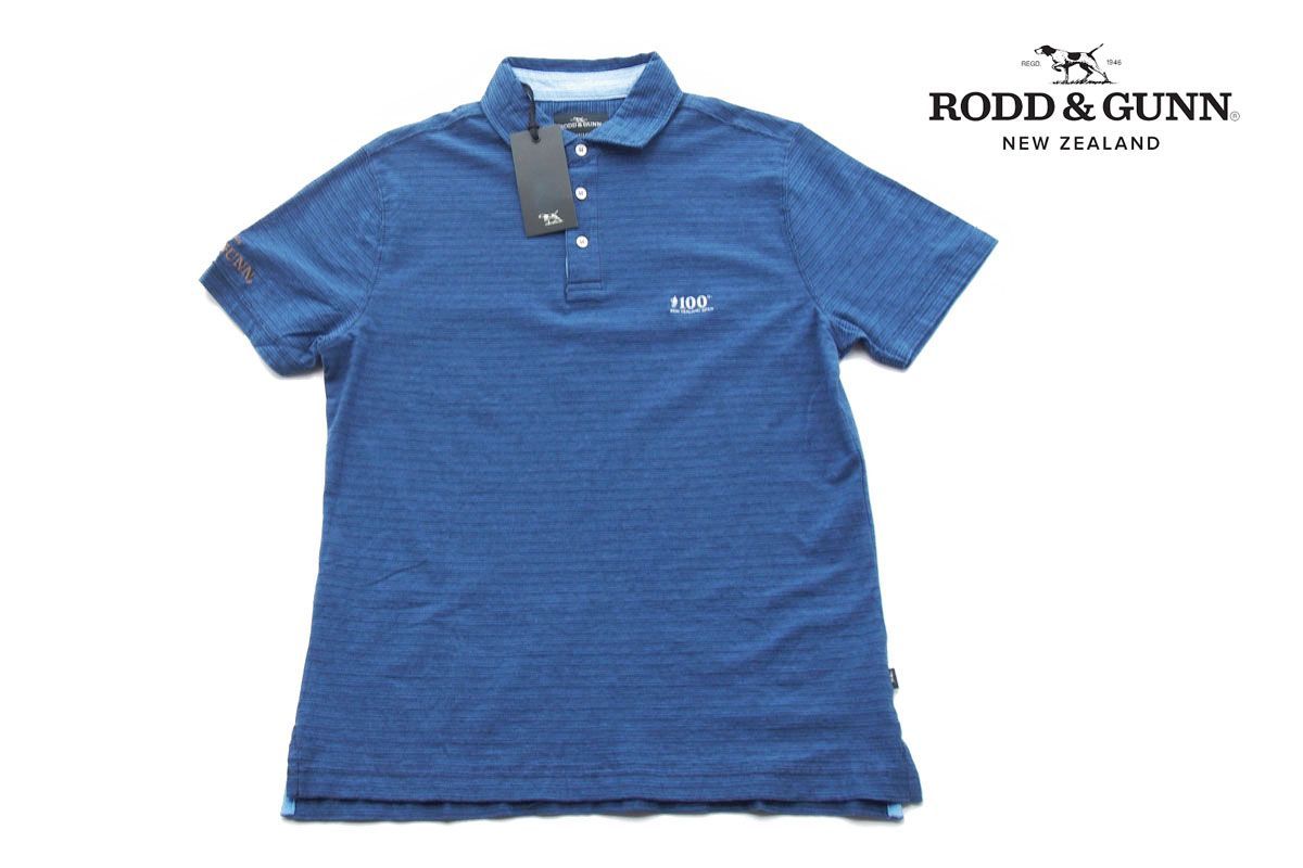 ロッド＆ガン RODD & GUNN 新品 ボーダー柄 半袖 ポロシャツ GAINFORD SF POLO DENIM SPORTS FIT M ブルー コットン