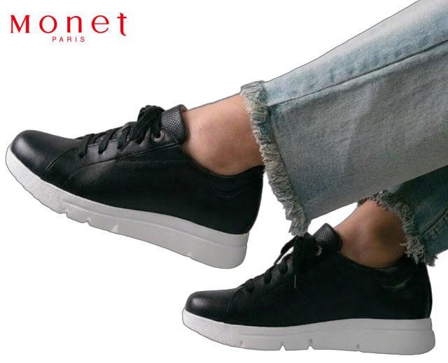 モネ Monet 241631 軽量スニーカー レディーススニーカー 厚底スニーカー 4E 幅広 軽量 レザー 本革 天然皮革 履きやすい 軽い 婦人 靴 ブラック 黒