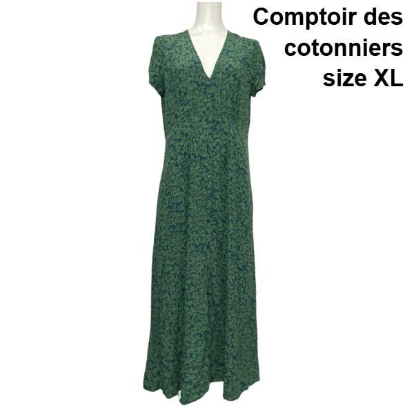 ◇ コントワーデコトニエ Comptoir des cotonniers ロングワンピース 半袖 フレア Aライン Vネック 総柄 緑系 XL 13号 レディース S6E244