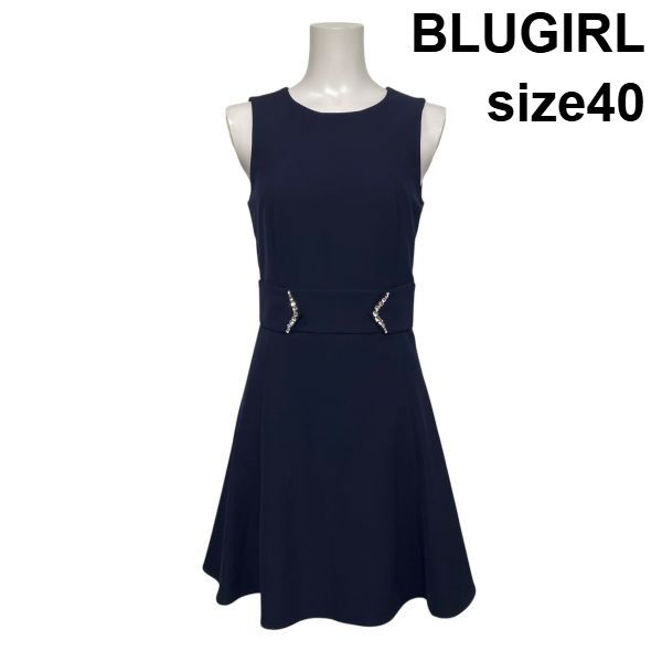 ◇ ブルーガール BLUGIRL ノースリーブワンピース ひざ丈 Aライン フレア ビジュー ラウンドネック ネイビー 40 S 7号 レディース S6E243