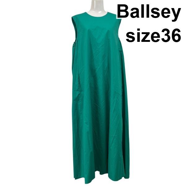 □ ボールジィ Ballsey ロングワンピース ノースリーブ ラウンドネック Aライン フレア グリーン コットン 綿 36 M 9号 レディース S6E234