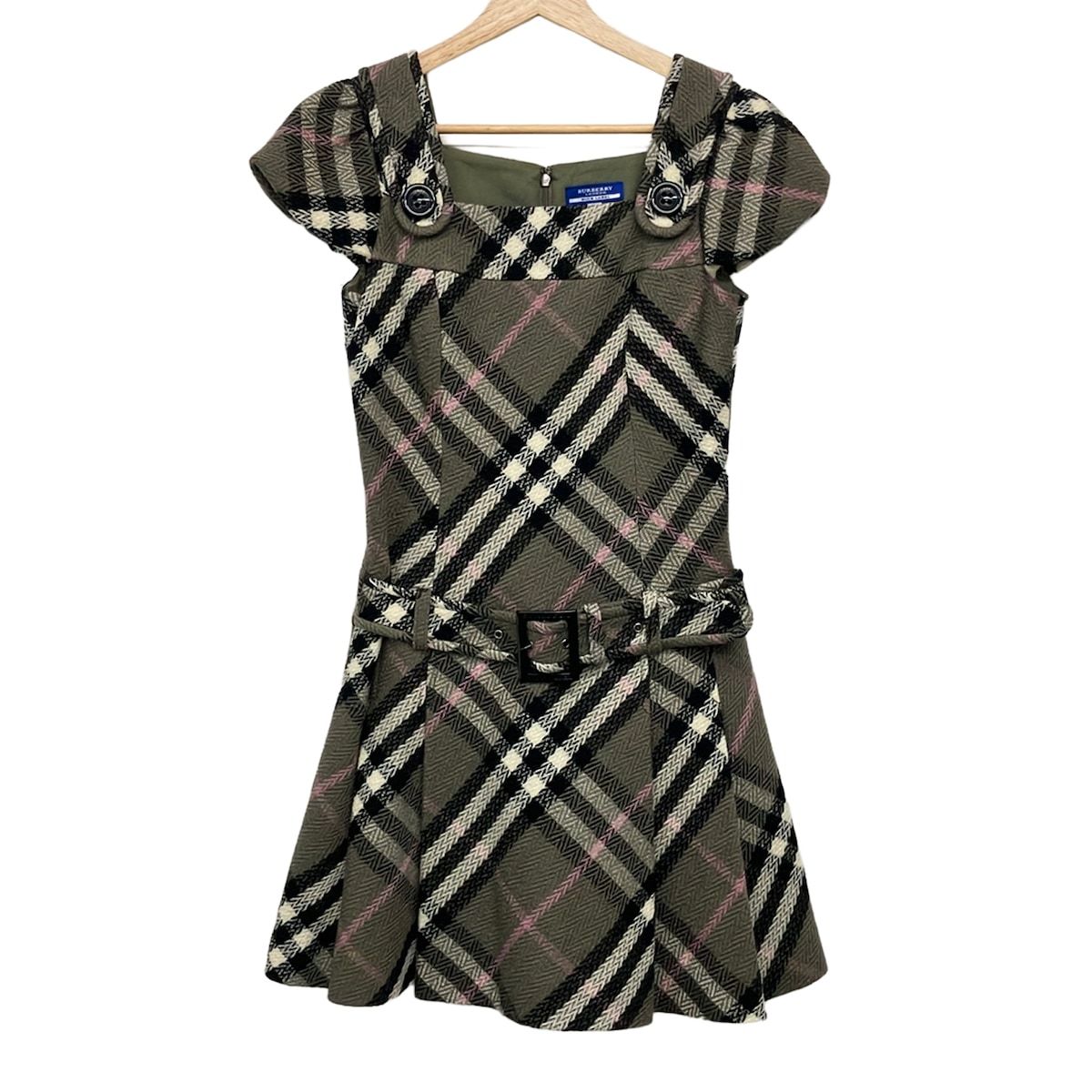 バーバリーブルーレーベル ワンピース サイズ36 S レディース美品 - カーキ×アイボリー×マルチ 半袖/ひざ丈/ニット/チェック柄