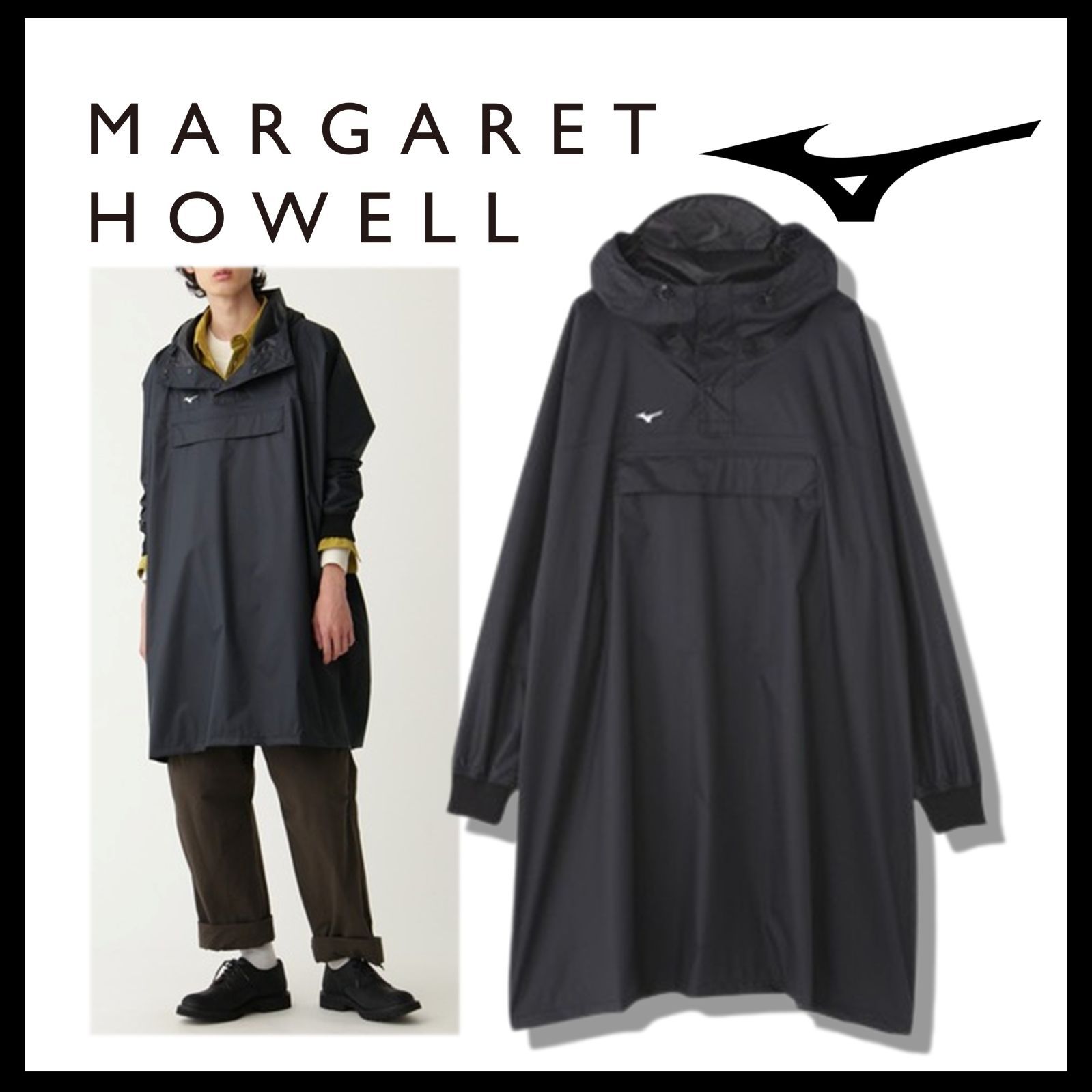 新品 未使用 ミズノ マーガレットハウエル ポプリンポンチョ ブラック M【MIZUNO MARGARET HOWEL 】ポケッタブルレインコート