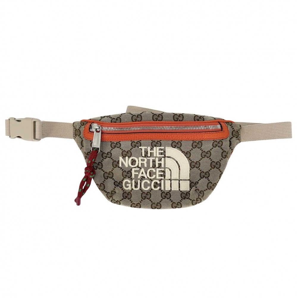 グッチ ウエストバッグ メンズ ノースフェイスコラボ ボディバッグ 肩掛け 斜め掛け THE NORTH FACE かばん 鞄 GUCCI 650299 GGキャンバス レザー ベージュ オレンジ シルバー金具【中古品】