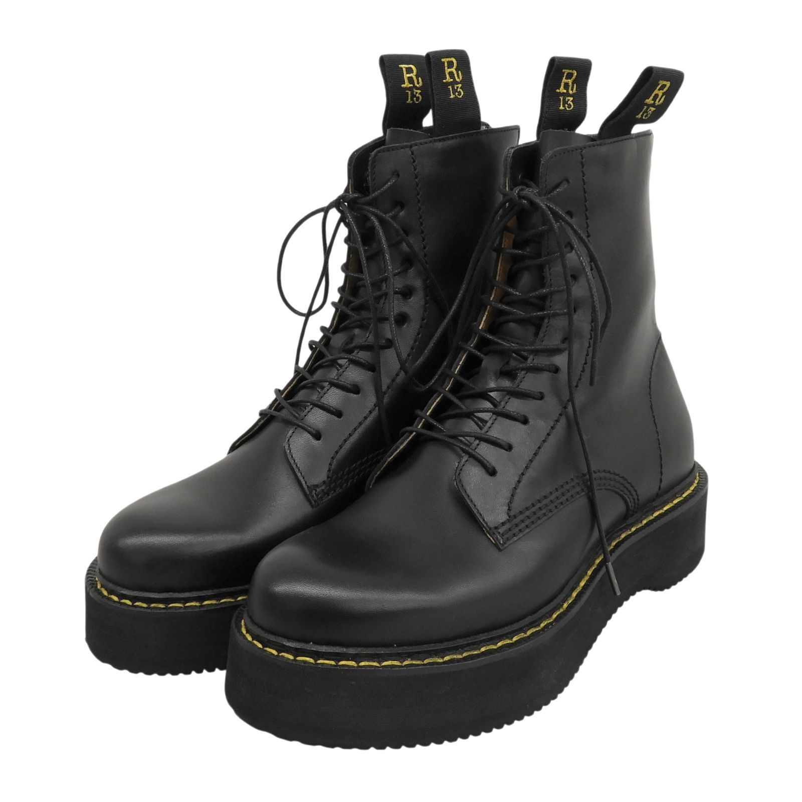 未使用品▲R13 アール サーティーン STACK BOOTS バックジップ レースアップ レザーブーツ ブラック 37 イタリア製 レディース 箱・保存袋付き