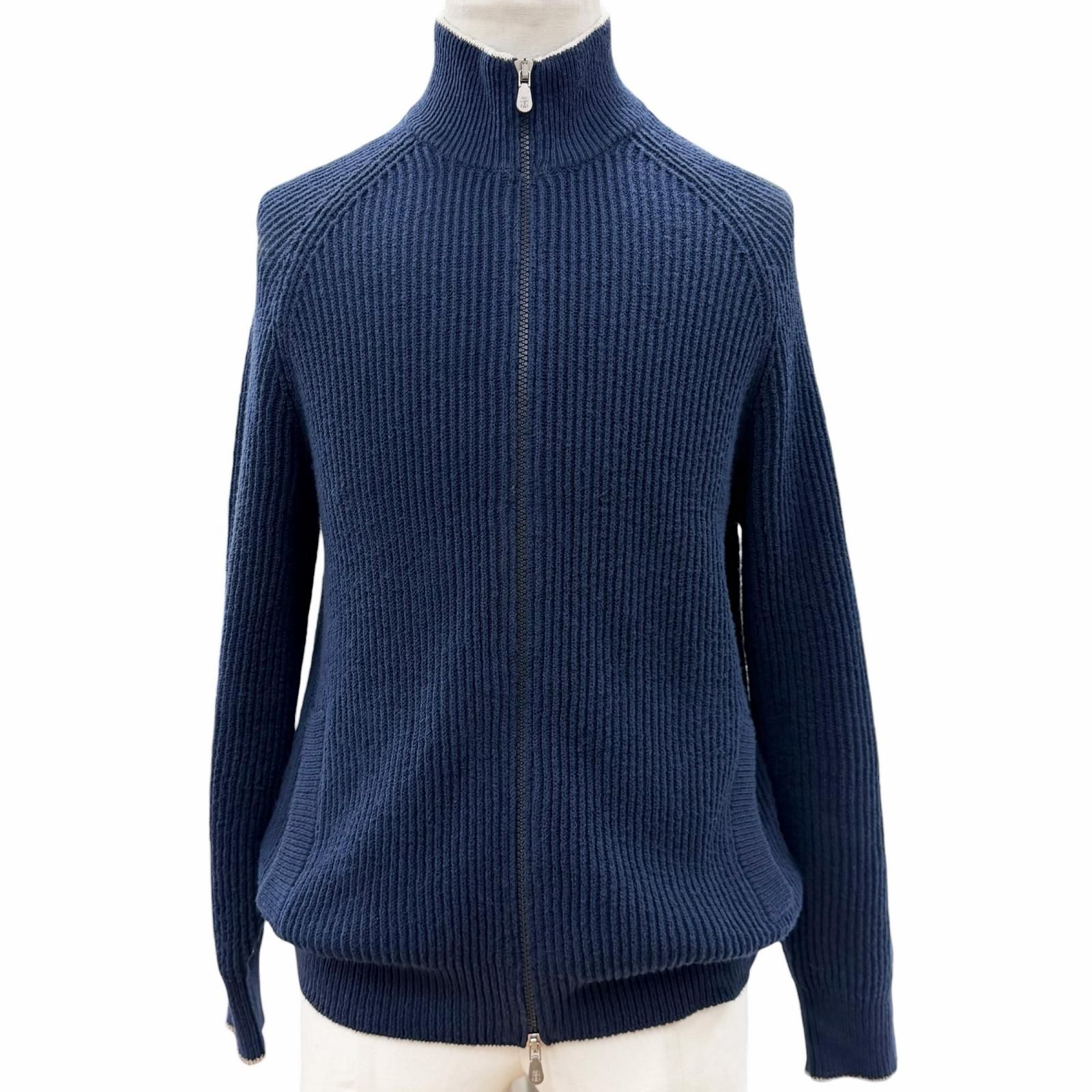 美品▼Brunello Cucinelli ブルネロクチネリ コットン100% スタンドカラー ダブルジップアップ ニットジャケット ネイビー 46 イタリア製 正規品 メンズ