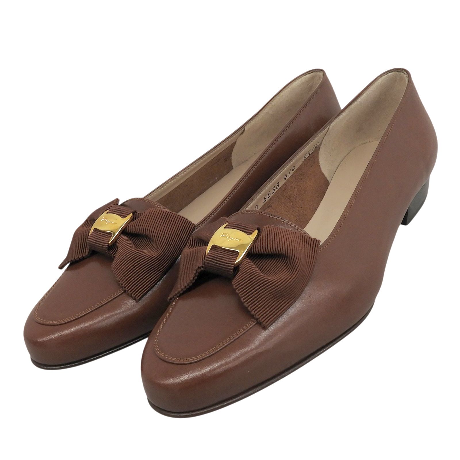 未使用品▲Salvatore Ferragamo サルヴァトーレフェラガモ NURSE ヴァラリボン レザー パンプス ブラウン 6 1/2 C イタリア製 レディース 箱付き