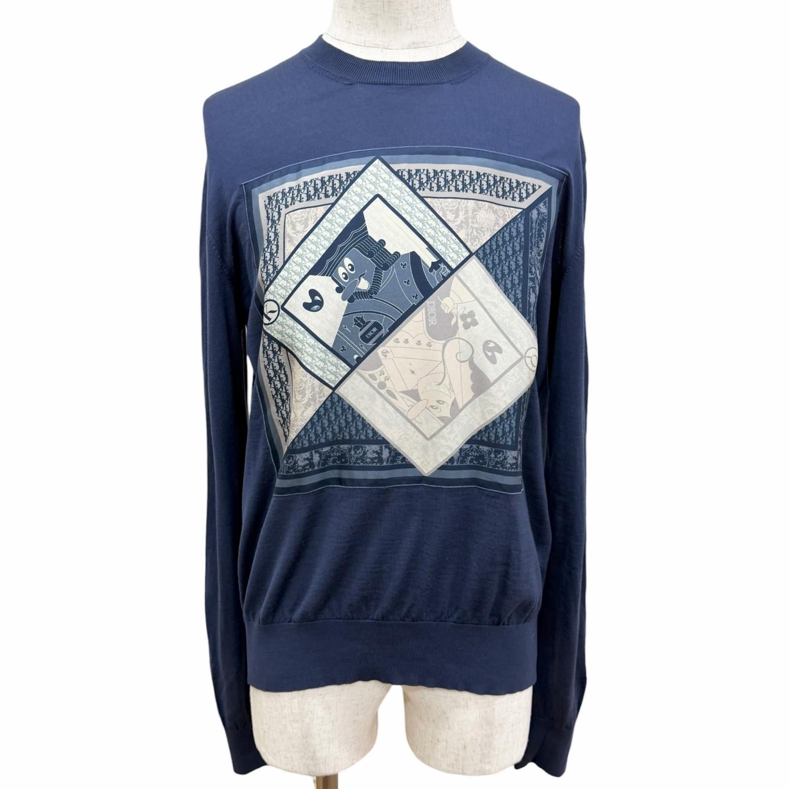 美品□DIOR ディオール オム 143M655AT293 ケニーシャーフ トランプモチーフ 一部シルク100％ 薄手 長袖ニット セーター ネイビー M イタリア製 正規品 メンズ