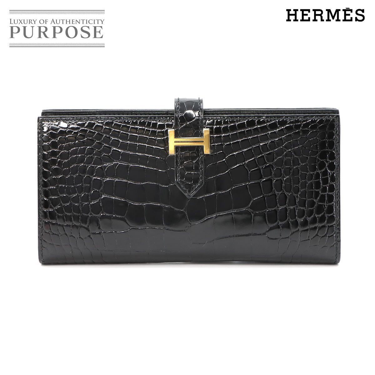 未使用 展示品 エルメス HERMES クロコダイル アリゲーター ベアンスフレ 長財布 ブラック C刻印 ゴールド 金具 Bearn Soufflet 90324603
