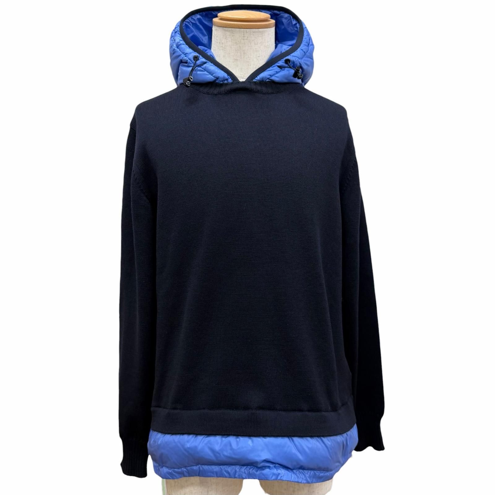 美品□MONCLER モンクレール MAGLIONE TRICOTGIROCOLLO ロゴワッペン ウール100％ ダウン切替 ニットパーカー フーディー ネイビー L メンズ