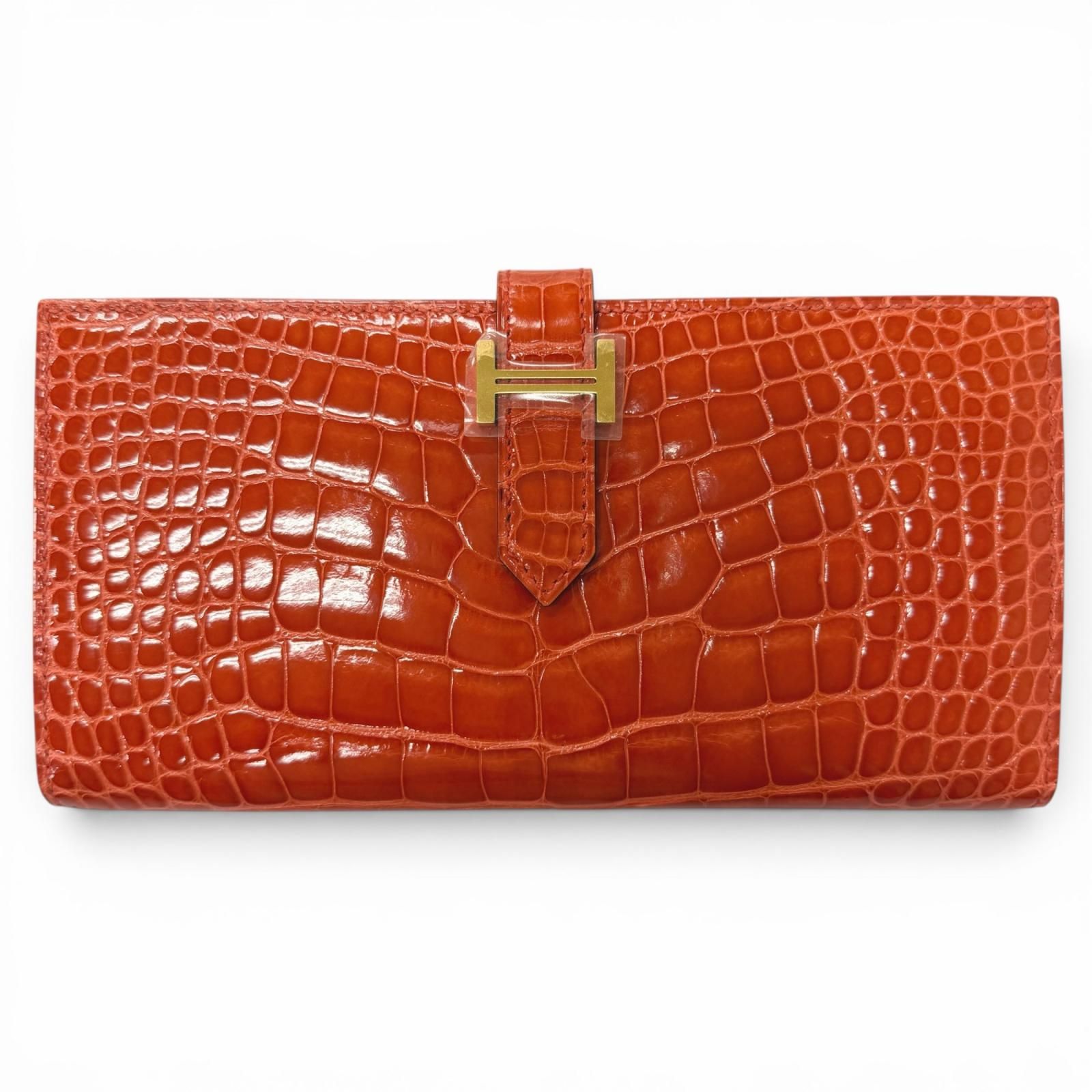 未使用品□HERMES エルメス ベアン スフレ アリゲーター Hロゴ ゴールド金具 長財布 オレンジポピー X刻印入り フランス製 メンズ レディース 箱付き