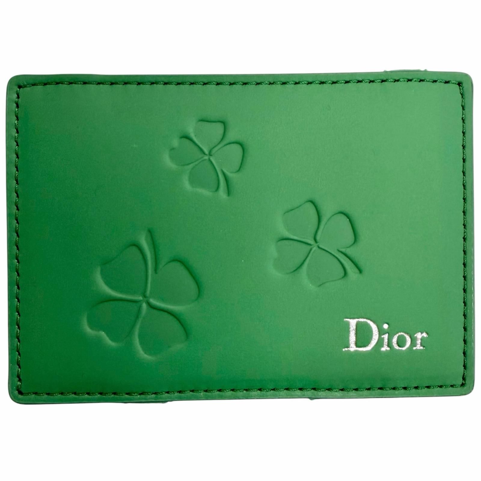 極美品△DIOR ディオール 2ESCH197TRF マジック ウォレット カーフスキン Leather クローバー エンボス レザー 二つ折り カードケース グリーン イタリア製 箱・保存袋付き オススメ◎