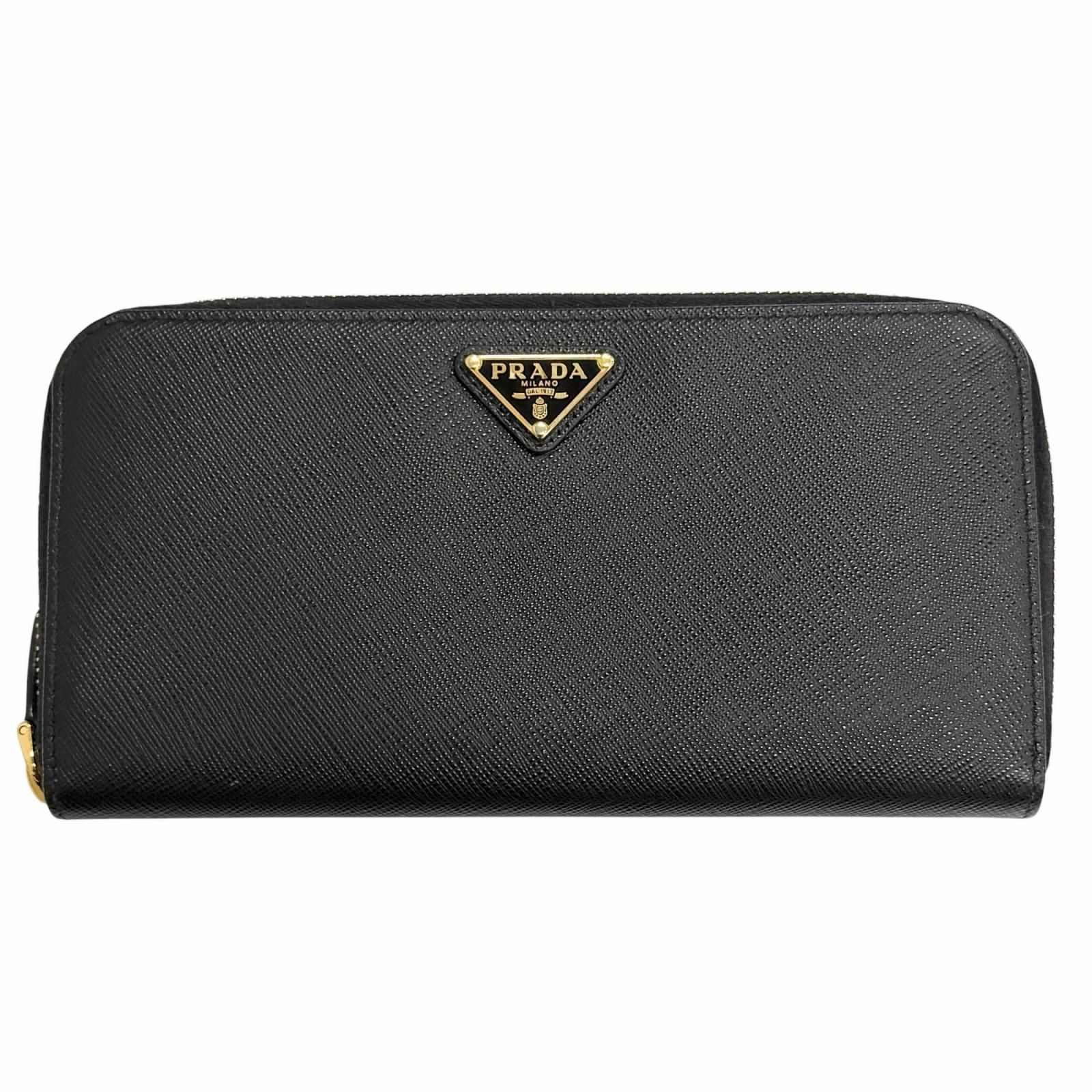 美品△PRADA プラダ 1ML506 サフィアーノレザー トライアングルロゴ ラウンドファスナー ロングウォレット 長財布 ブラック ゴールド金具 イタリア製 レディース