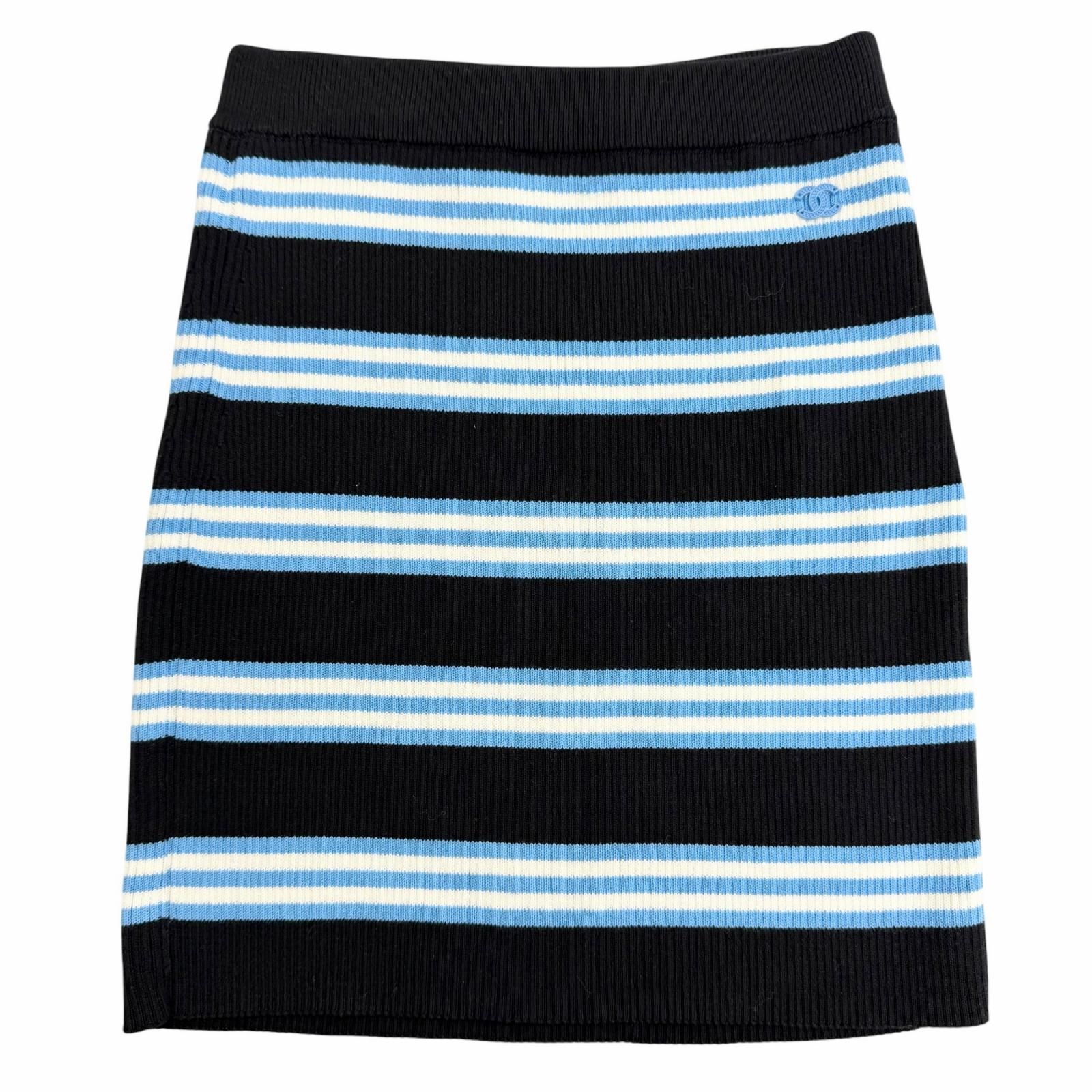 極美品△CHANEL シャネル P77575K11299 コットン カシミヤ ココマーク マルチボーダー柄 ニットスカート ミニスカート ブラック ブルー 34 フランス製 正規品 レディース