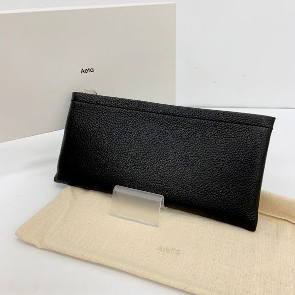 Aeta アエタ 長財布 ロングウォレット PG17 美品 箱付き 牛革 ユニセックス 男女兼用 シンプル 無地 男女兼用 ブラック 服飾小物 DF18978■