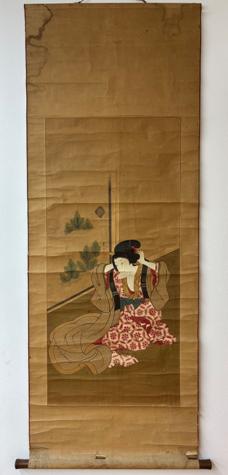 掛軸 骨董品 美人画 浮世絵 浮世絵美人 サインあり 江戸期風 當代物