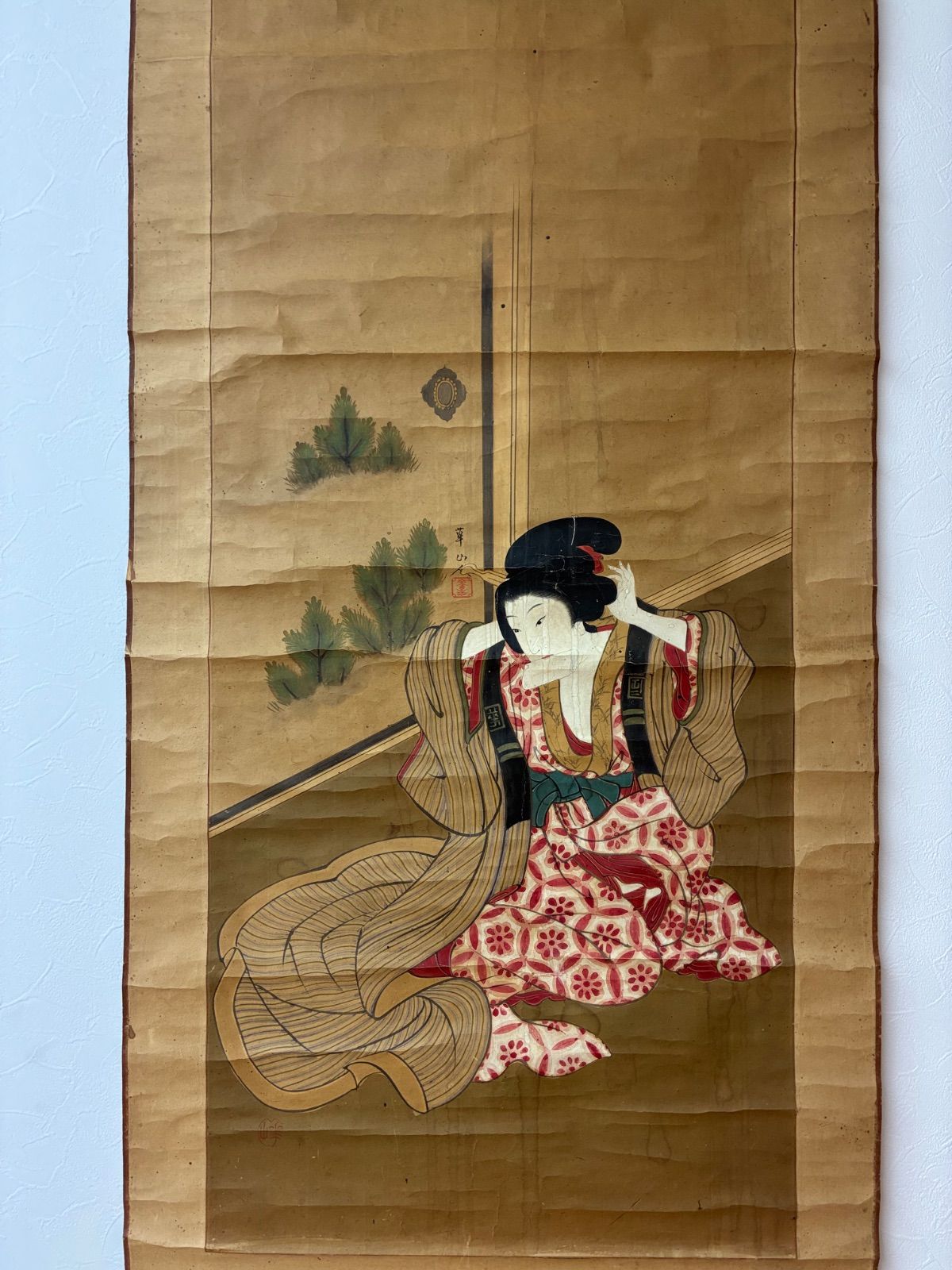 掛軸 骨董品 美人画 浮世絵 浮世絵美人 サインあり 江戸期風 當代物