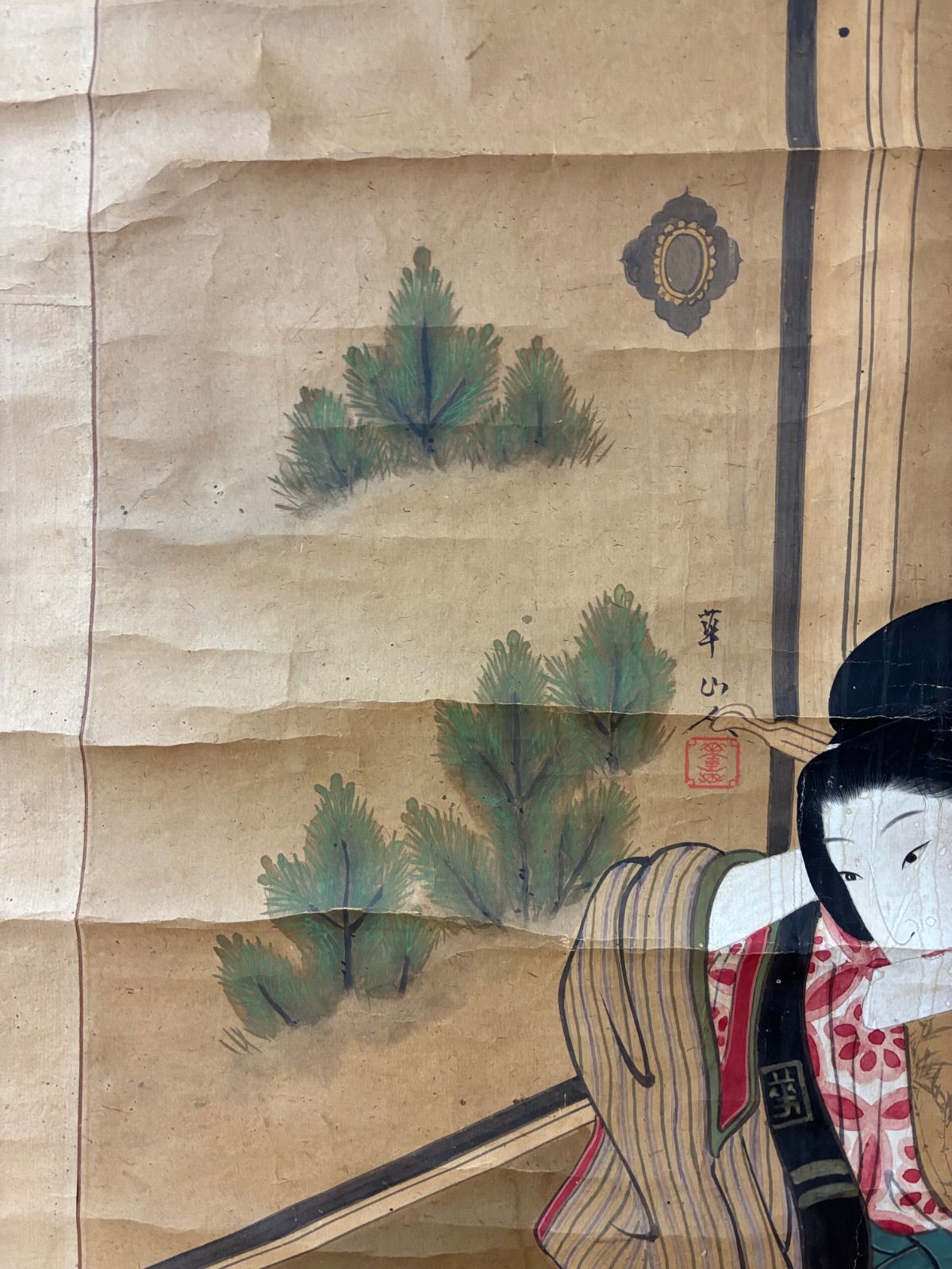 掛軸 骨董品 美人画 浮世絵 浮世絵美人 サインあり 江戸期風 當代物