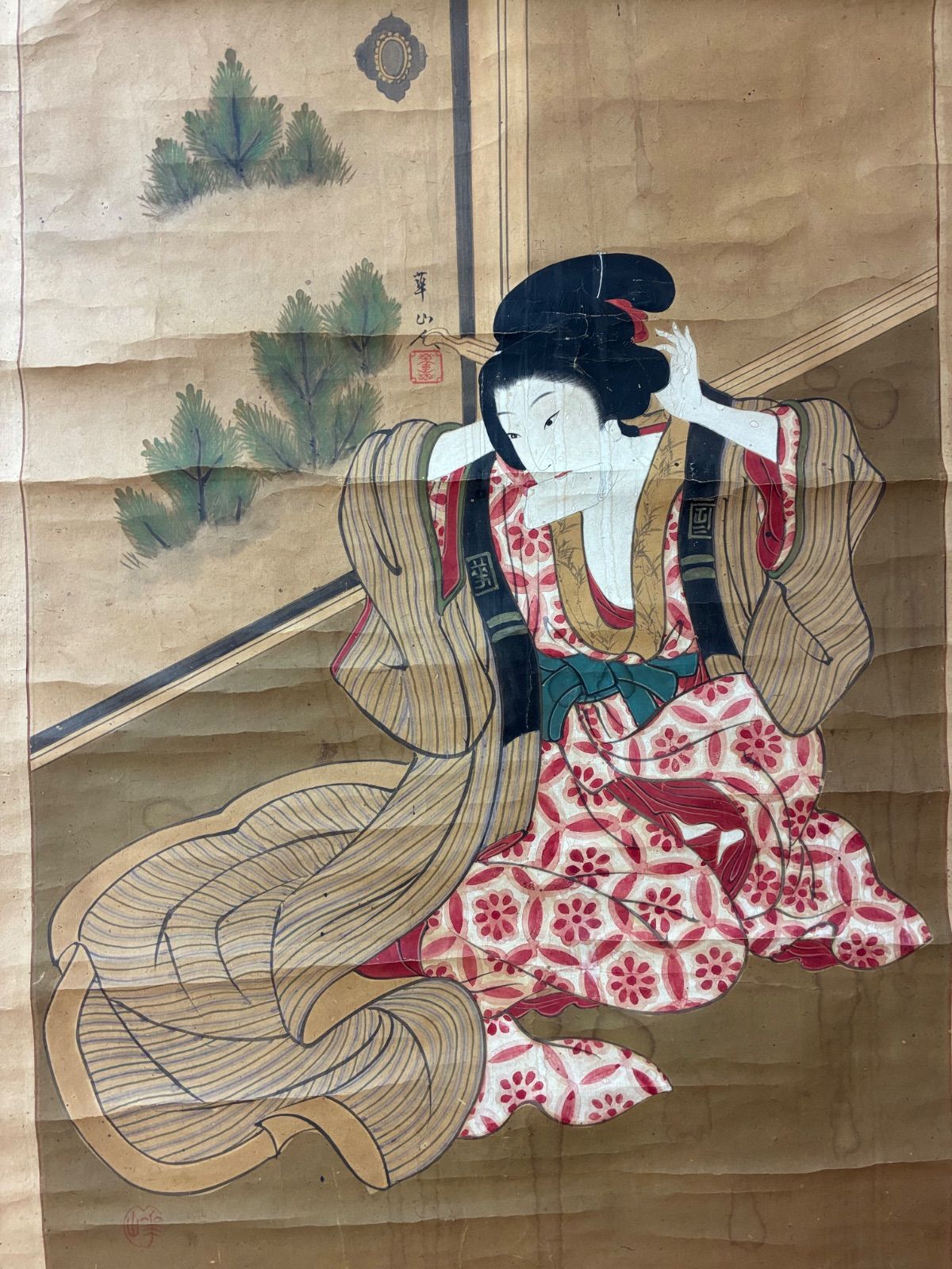 掛軸 骨董品 美人画 浮世絵 浮世絵美人 サインあり 江戸期風 當代物