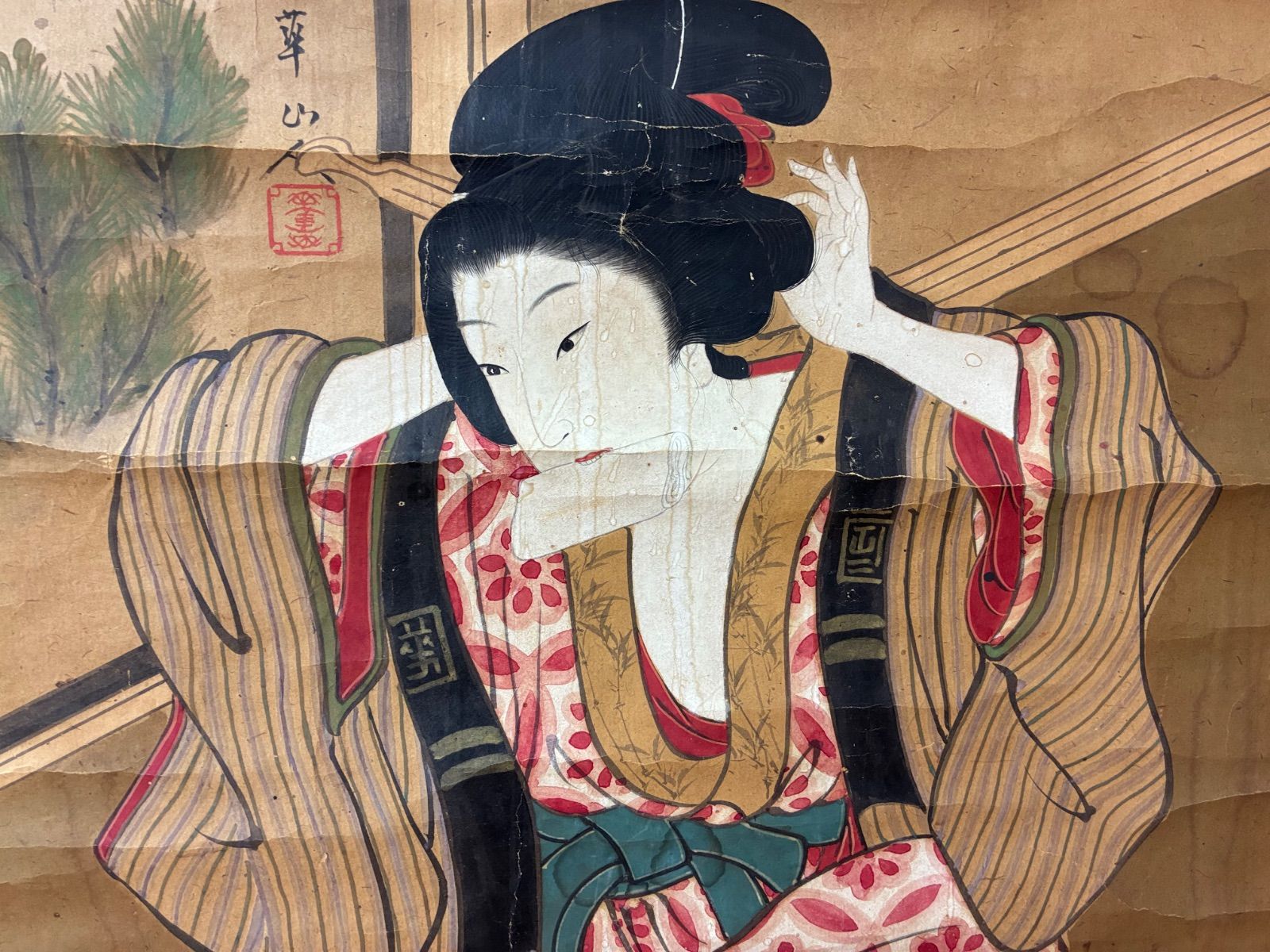 掛軸 骨董品 美人画 浮世絵 浮世絵美人 サインあり 江戸期風 當代物
