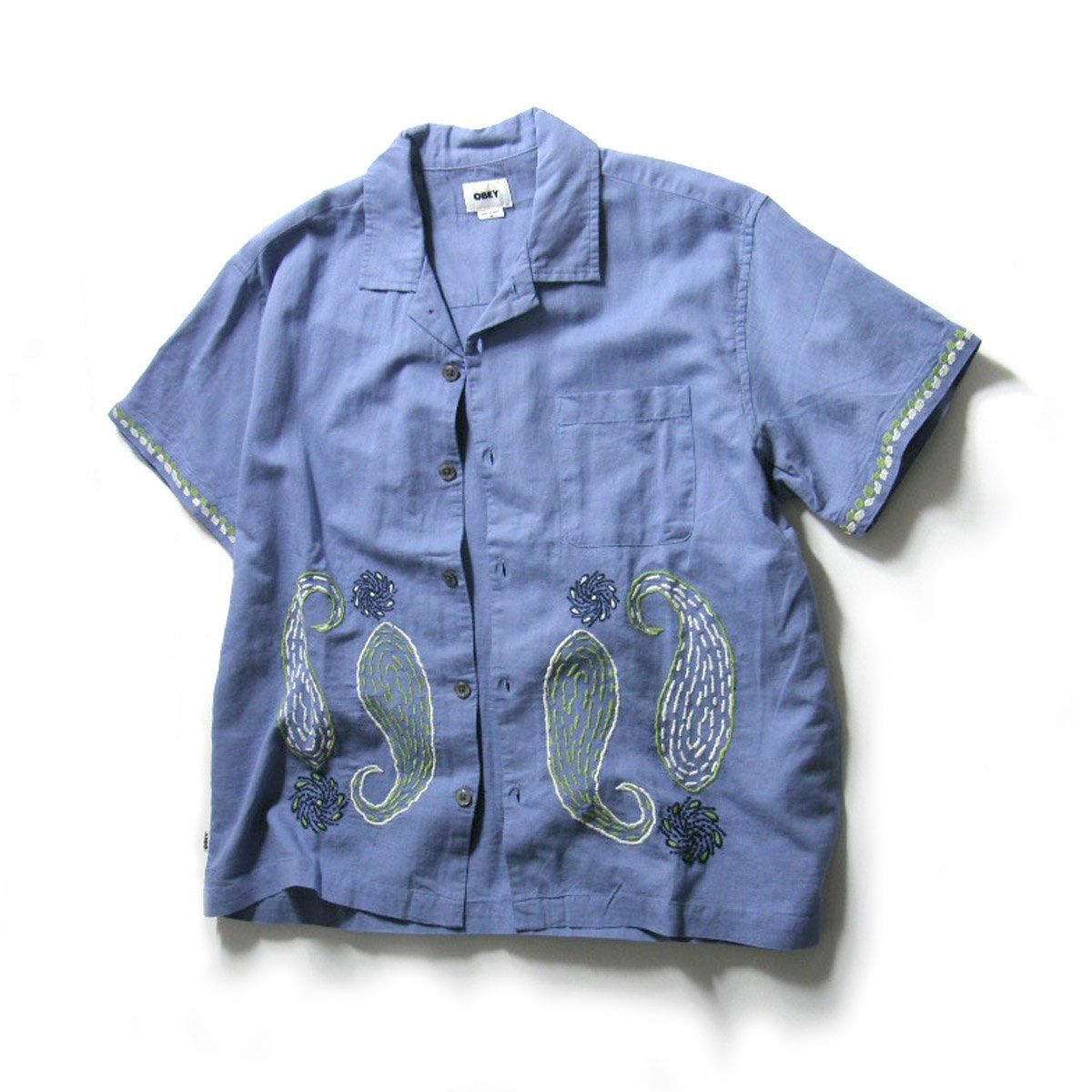 【新品】 OBEY ／ オベイ　刺繍 コットン リネン 半袖シャツ オープンカラーシャツ ウーブンシャツ ブルー ｜ 春夏