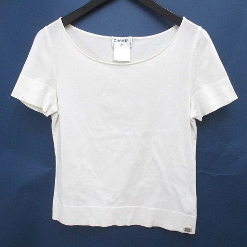 シャネル CHANEL 99P P12958V00590 AE126 半袖 ニット セーター カットソー 38 白系 ホワイト フランス製 ロゴプレート 無地