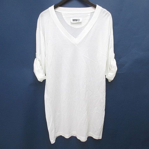エムエムシックス メゾンマルジェラ MM6 Maison Margiela 七分袖 Tシャツ カットソー チュニック Vネック S 白系 ホワイト イタリア製 ロールアップ 透け感 無地